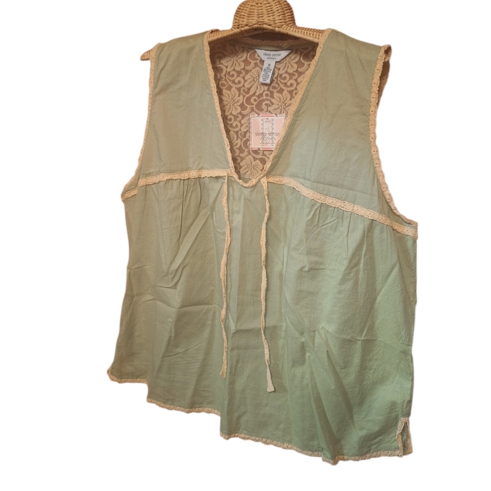 Sleep Sense Lightweight Green Cotton Pullover Sleeveless Lace Top Ladies 1X NWT
